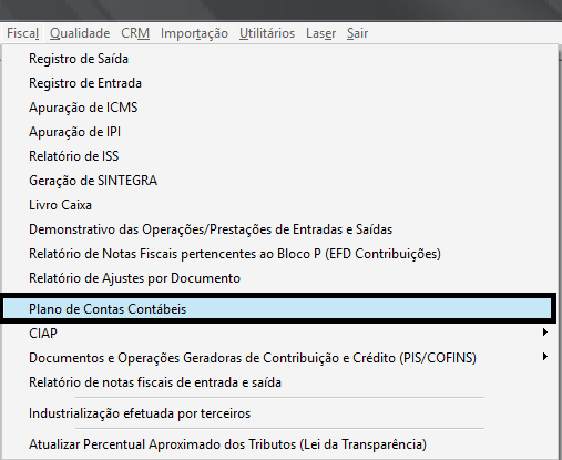Menu para o cadastro de Plano de Contas Contábeis