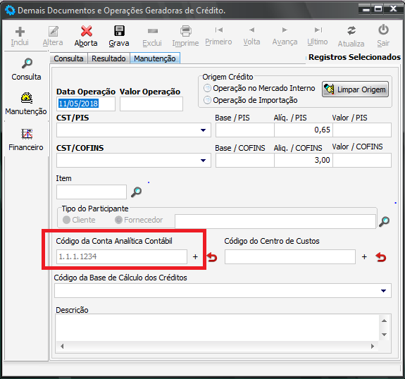 Conta Contábil na tela de operações geradoras geradoras de contribuição ou crédito de PIS e COFINS
