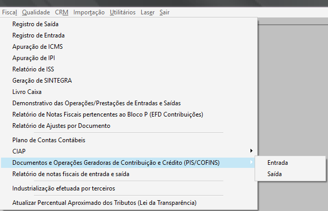 Menu de acesso a tela de demais operações geradores de crédito ou débito de PIS e COFINS