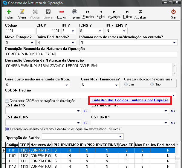 Tela de Cadastro de Natureza de Operação